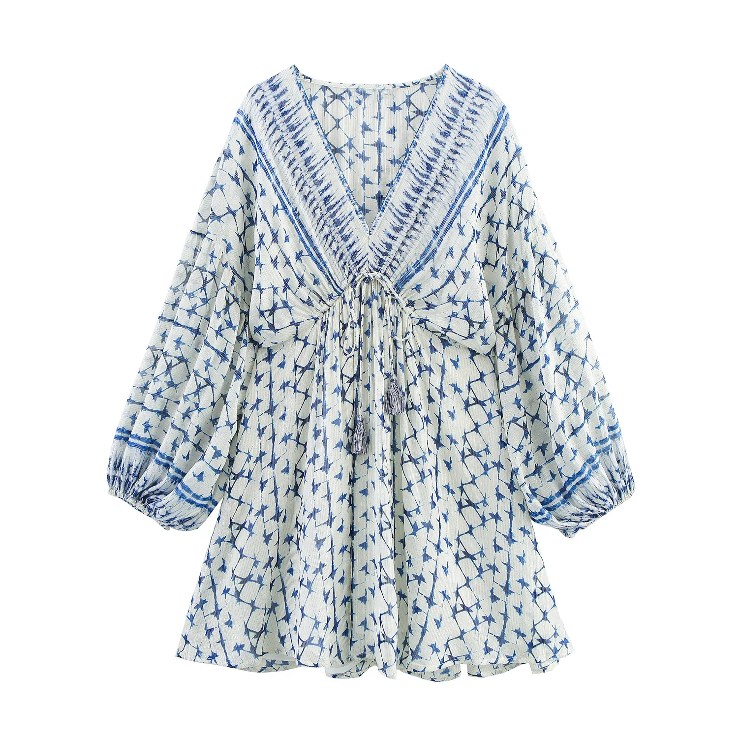Robe Style Resort pour femmes, manches longues, col en v, ligne métallique imprimée, décontractée, plage, style Boho, Mini, printemps/été, 2025