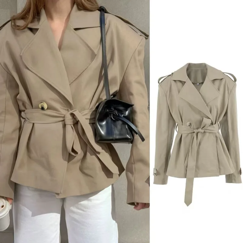 

Sashes Lace-Up High Street Coat Women Button Design Loose Jackets Turn Down Collar Slim Trench Overcoat Office Lady Outerwear
