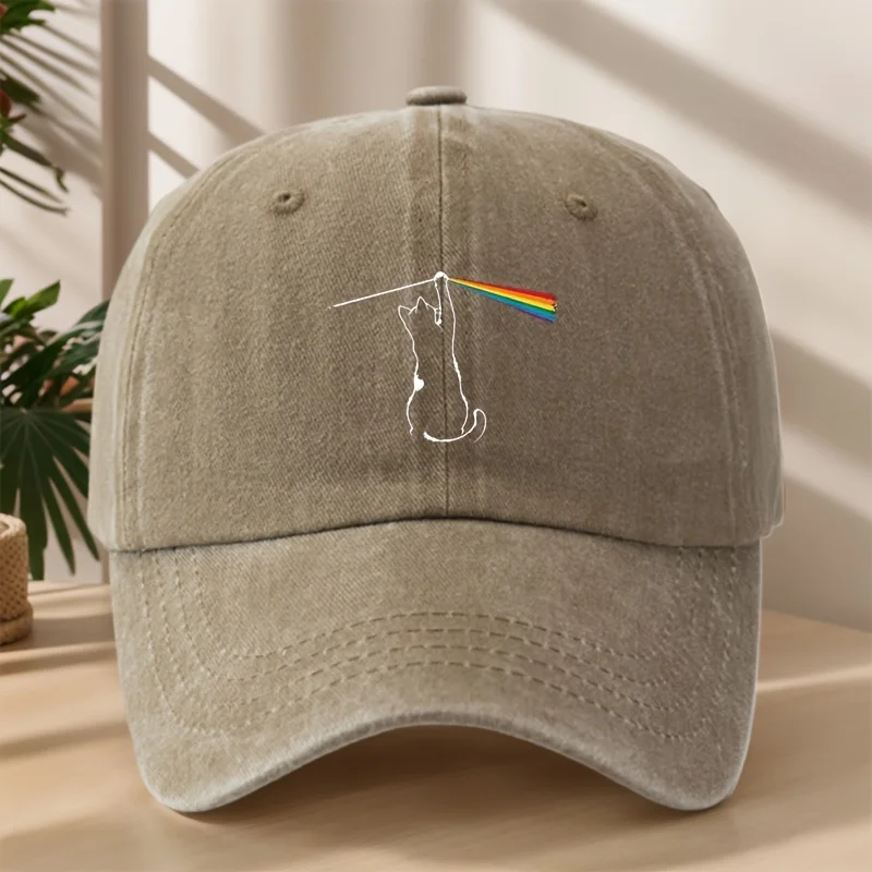 Baseballmütze mit Regenbogen-Katze-Cartoon-Aufdruck, leicht, atmungsaktiv, gewaschen, Retro-Outdoor-Sport, Einkaufen, Urlaub