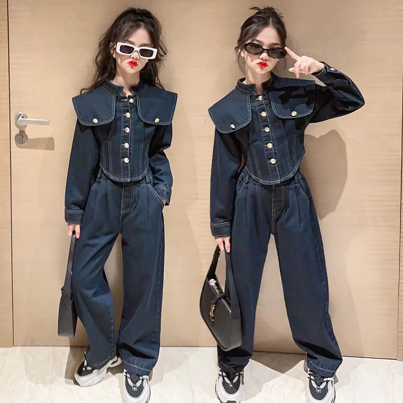 5-14 Year Children\'s Clothes Kids Spring Clothes Suit New Teenagers Girls Coat Cardigan Jeans Large Lapel Denim Two-Piece Set