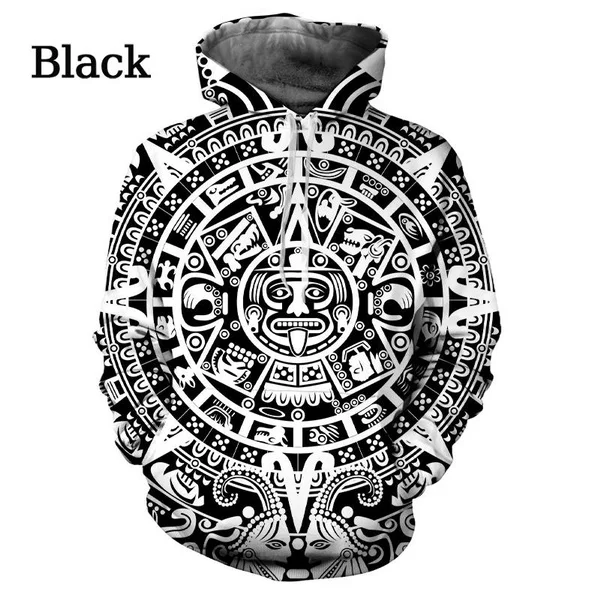 

2024 Trendy Men's Women's Fashion Casual Aztec Calendar 3D Printed Hoodie O-Neck Fun Tops