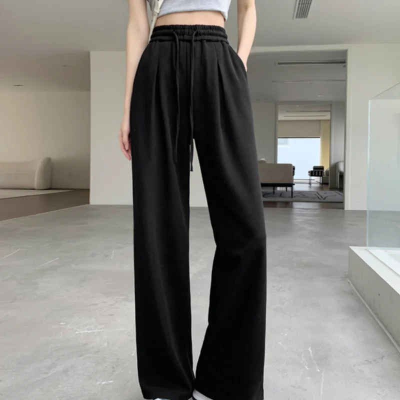 

Women's Bottoms Black Drawstring Sweatpants Casual High Waist Straight Mopping Pants Fashion Baggy Wide Leg Trouser Ladies Autum