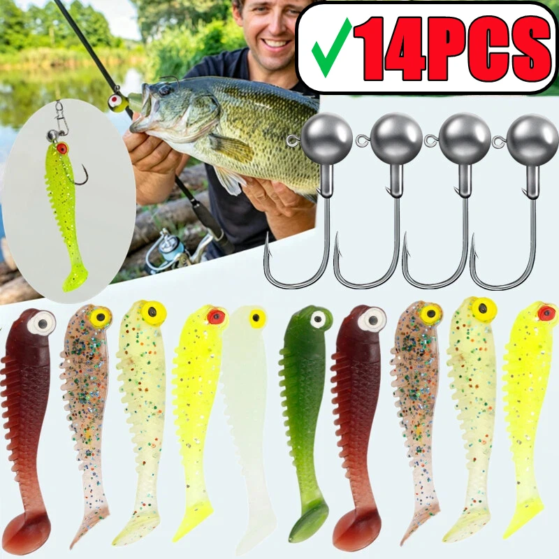 14個入りソフトルアーキット-ソフトフィッシングルアー-55cm-35gジグヘッドフック付き-メタルジグフィッシング-ペスカ-スイムベイト-ベイト-tテールソフトベイトセット
