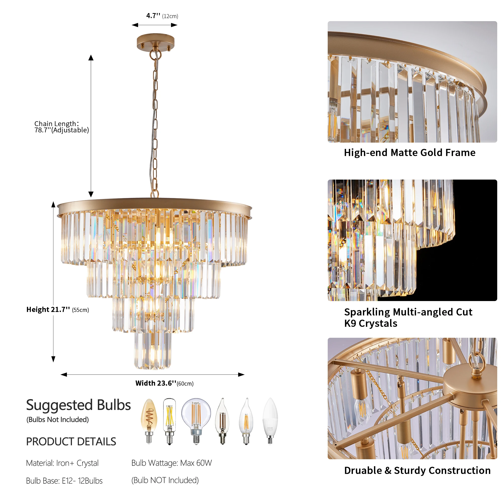 23.6-inch Multi-Layer Crystal Chandelier, Black/Gold Metal Frame, Suitable for 12 E12 Bulb Sockets, Height Adjustable, Luxury Decoration for Living Room and Dining Room (Bulb Not Included)