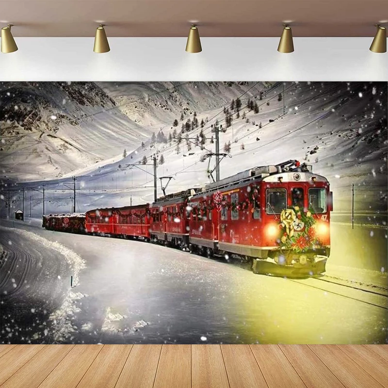 Red Polar Express Christmas Themed Party Photography Backdrop SnowMountain Snowflake Background Xmas Day Festival Party Decor