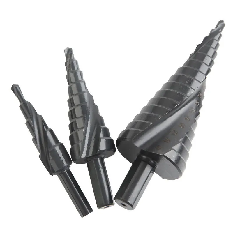 3 buah/Set 4-32mm Set mata bor Titanium HSS baja kecepatan tinggi Spiral beralur batang kayu/logam kerucut alat bor pemotong lubang