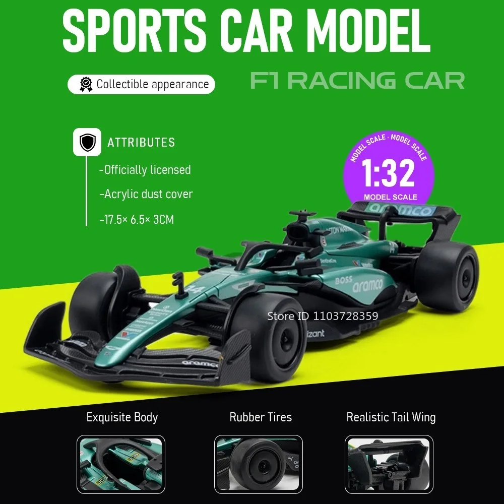 

Масштабная модель гоночного автомобиля F1 1:32, металлическая литая игрушка с резиновыми шинами и акриловым пылезащитным чехлом, модель суперкара, украшение, подарок
