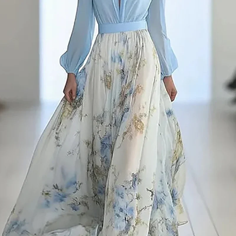Mode Bloemenprint Patchwork Boheemse Jurk Vrouw Sexy Diepe V-hals Holle Lange Jurken Nieuwe Lente Bladerdeeg Mouw Losse Maxi Jurk