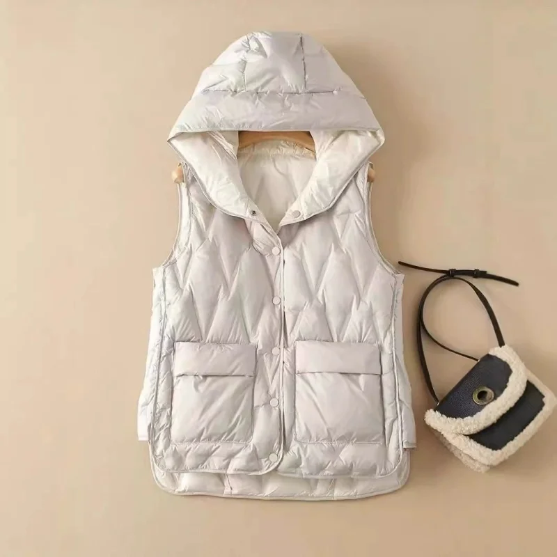 Two-Sided Winter Women Hooded Down Waistcoat Jacket Warm Light Thin White Duck Down Vest Coat Lady Short Sleeveless Tank Parkas