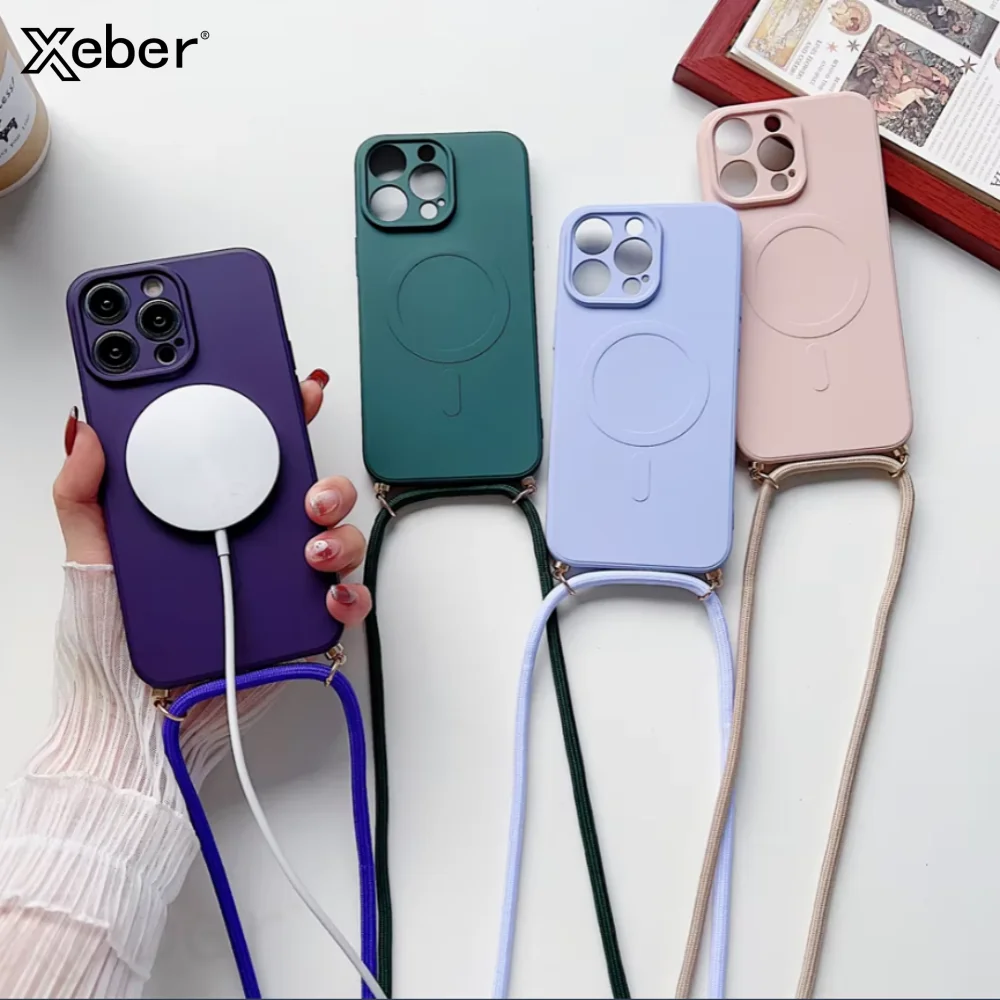 Magnetische kabellose Ladehülle mit Nackenband für iPhone 17 16 15 12 11 13 14 Pro Max Mini Plus XR Silikonhülle