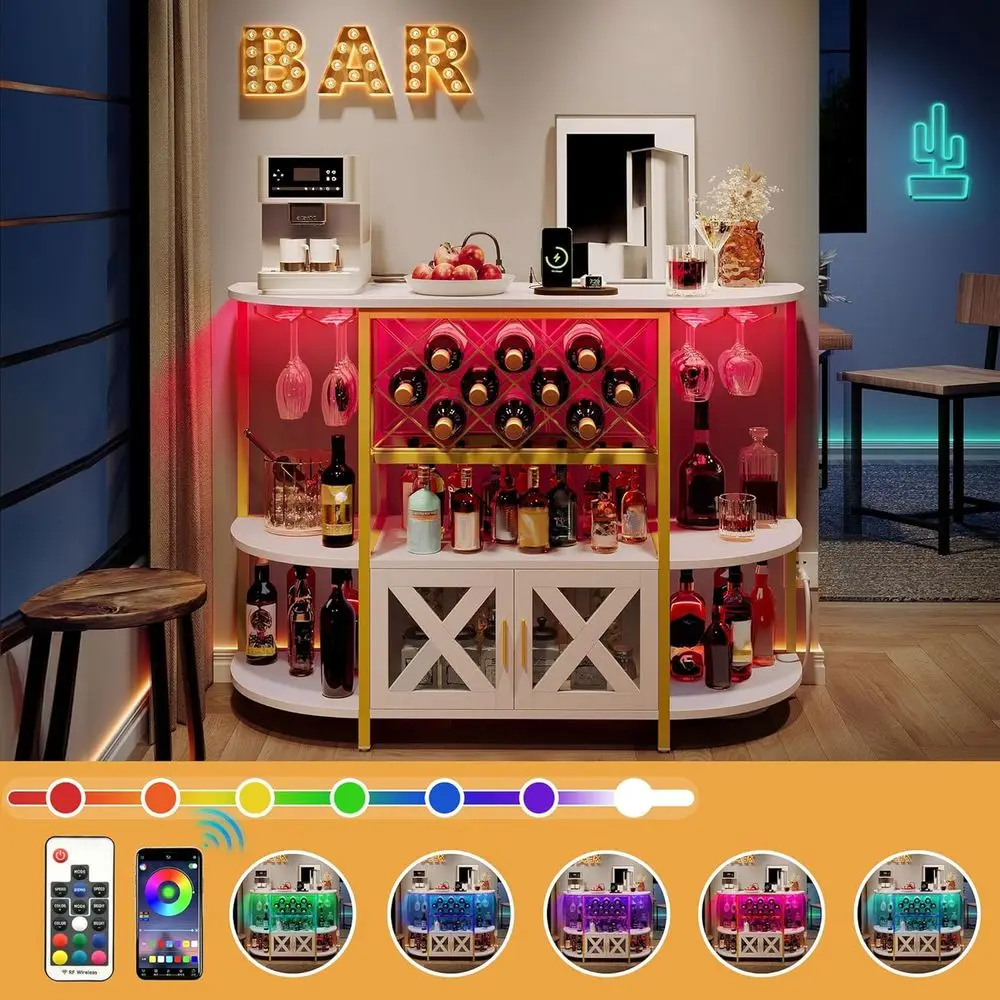 Illuminated Bar Cabinet with 4-Tier Storage, Outlets, Wine Rack, and Glass Holders in Gold