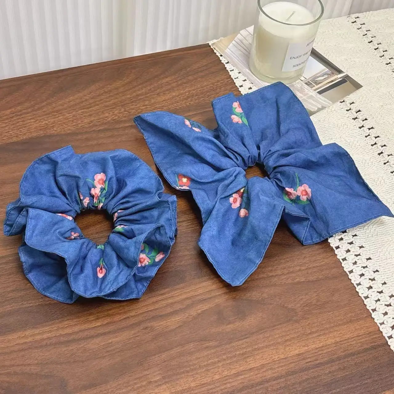 

Dark blue flower double large intestine hair band female Korean temperament tied hair ball head side low ponytail headband