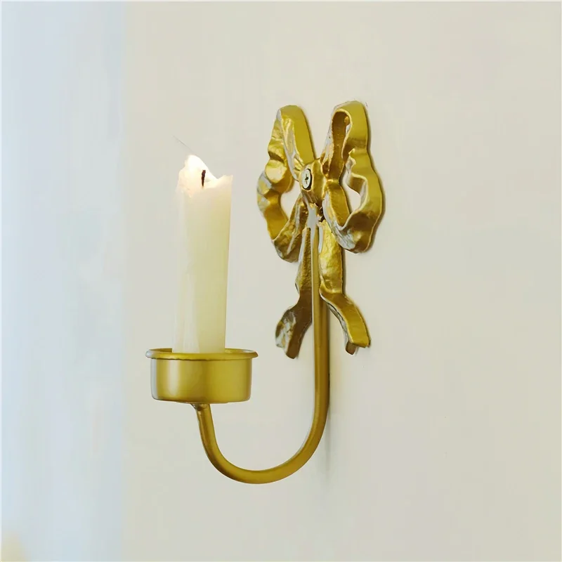 Metal Candl Holder Pink Bowknot Wall Hanging Decorative Candlestick Iron Decorative Painting Set Retro Golden Home Room Decor