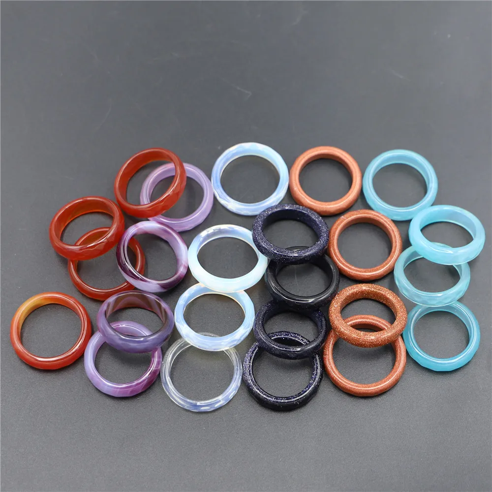 Unisex Natural Stone Couple Wedding Finger Rings Section Opal Blue Sand Purple Red Agates Created Circle Charms Christmas 6MM
