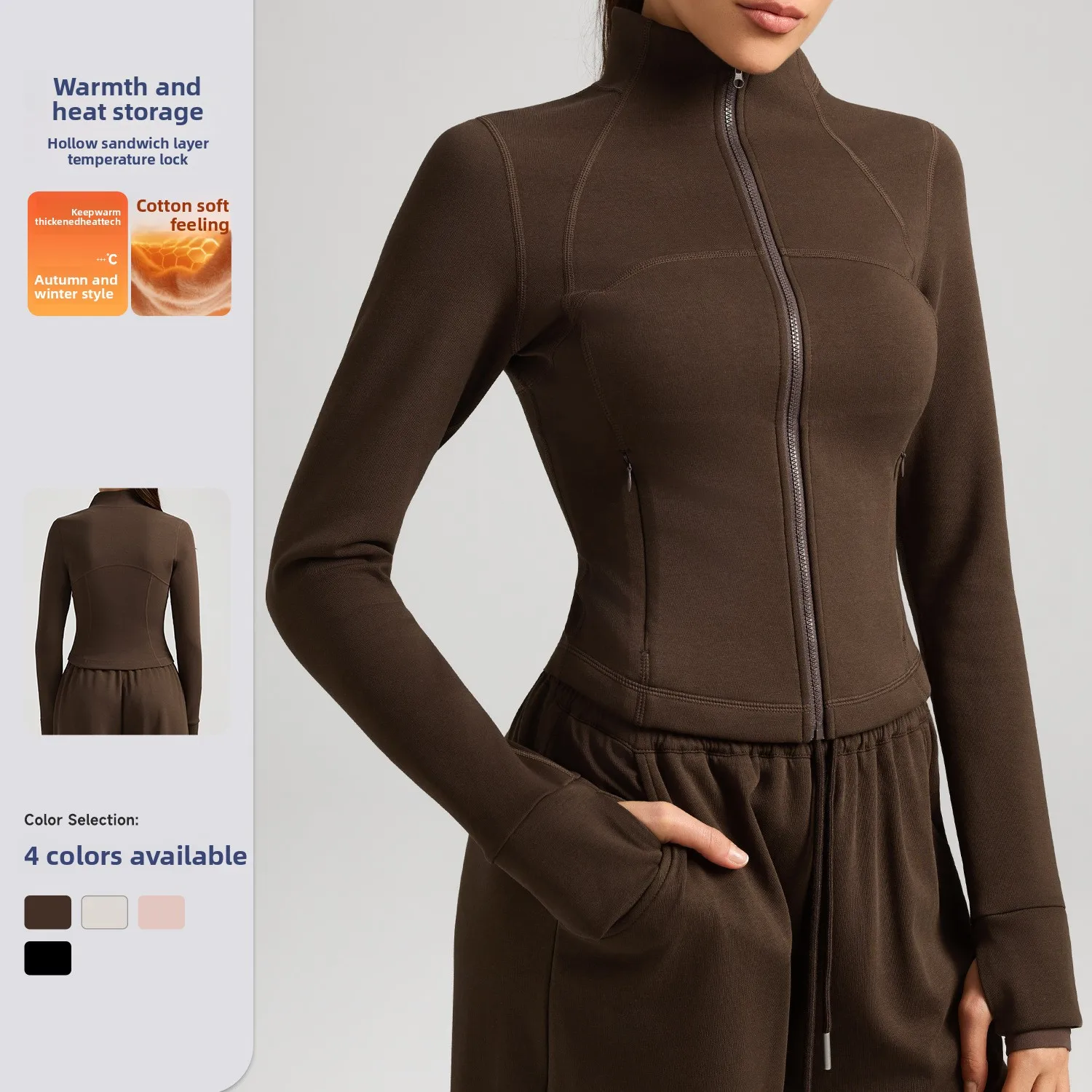 Women Winter Warm Stand Collar Sports Jacket Windproof Heat Retention Thick Long Sleeve Cardigan Slim Fit Running Fitness Coat
