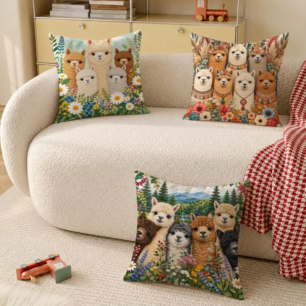 Cute Alpaca Pattern Cushion Cover Pillow Case Organic Short Plush Cushion Covers Washable Wrinkle-Resistant