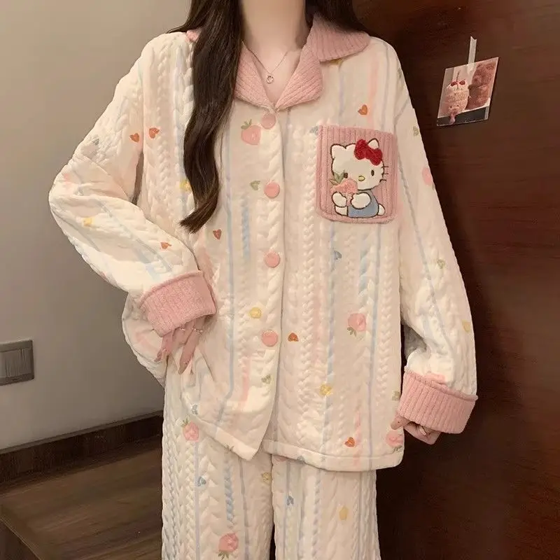 Fashion Ins Style Hello Kitty Air Cotton Cute Printed Quilted Pajamas Girl's Warm Soft Comfortable Home Wear Set Two-piece Set