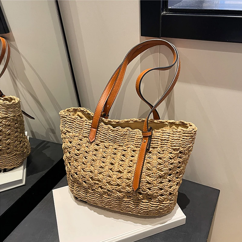 Designer Casual Rattan Wicker Tote Bag Große Kapazität Gewebt frauen Sommer Strand Stroh Handtasche Dame Reise Großen Korb – Detail 22
