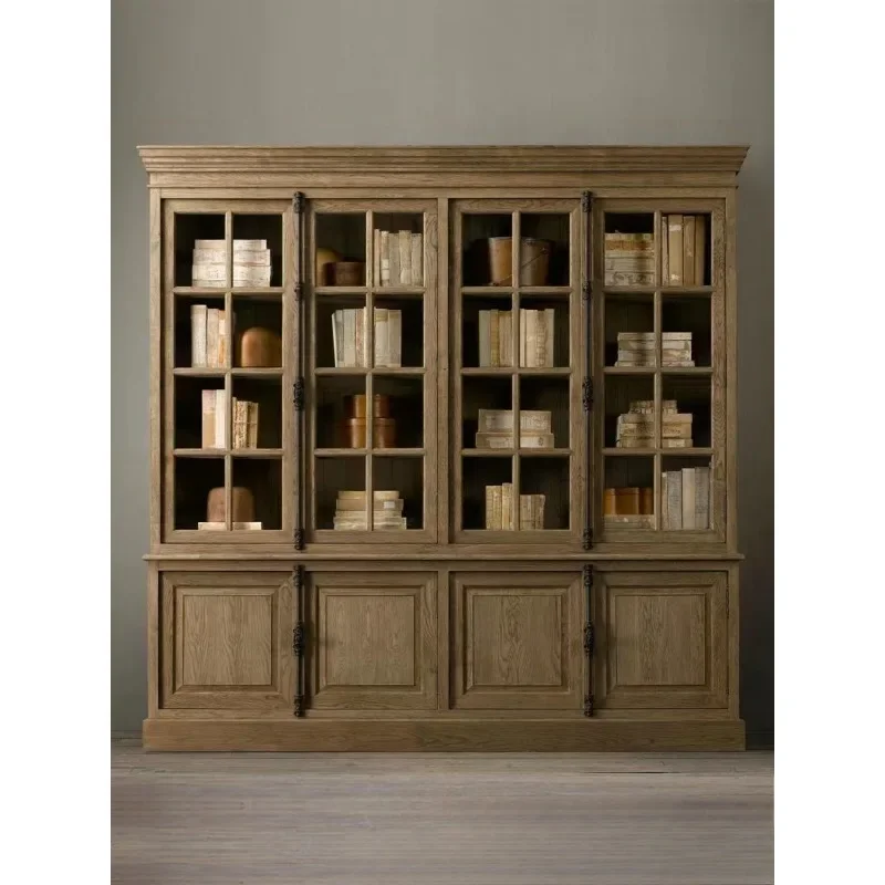 American retro old solid wood dining side cabinet, single door double four French storage glass door wine cabinet