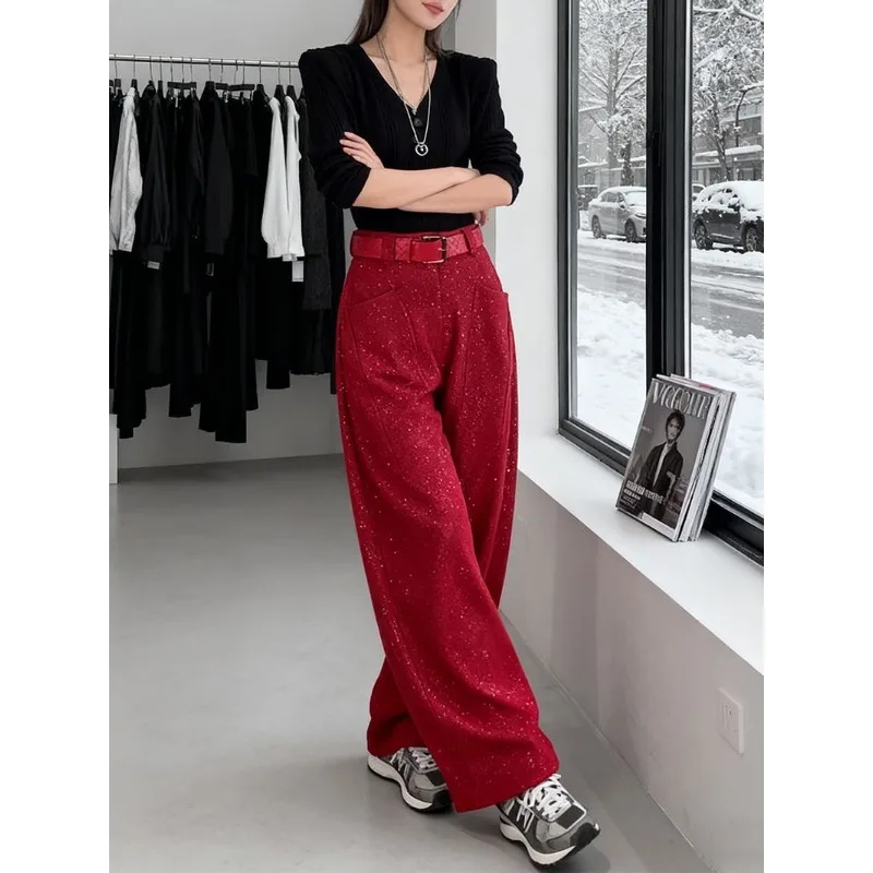 

Модный стильный зимний комплект для женщин с облегающим коротким топом с v-образным вырезом, толстыми широкими брюками, модная женская одежда высокого класса