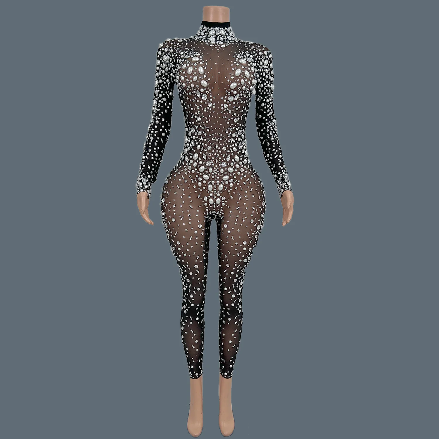 

Sexy White Pearls Black Mesh Bodycon Jumpsuit Women Nightclub Party Stage Performance Outfit High-end Shapely Jumpsuit Tiaoliao