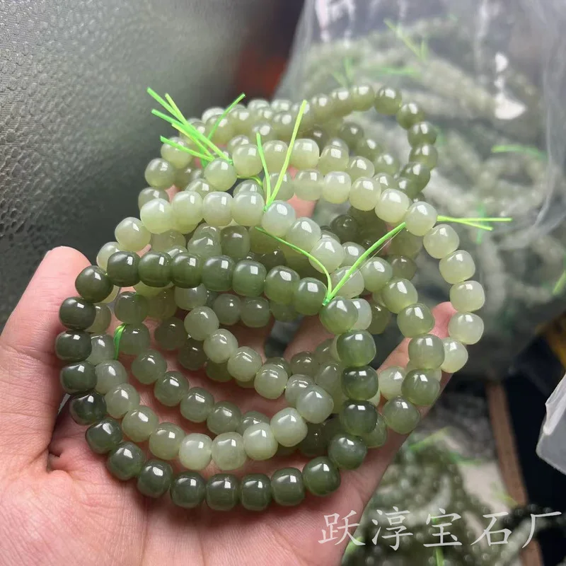 Natural Hetian Jade Qinghai Material, Lake Green, 7X8Mm Old Style Bead Bracelet, Honey