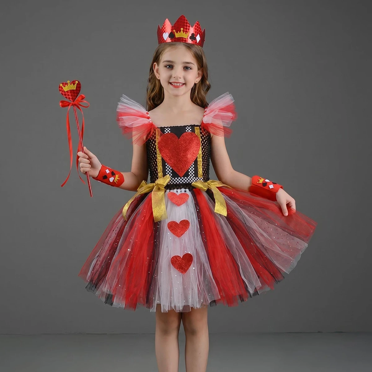Queen of Hearts Tutu Costume Alice in Wonderland Halloween Cosplay Dresses with Crown & Wand Kids Princess Party Dresses