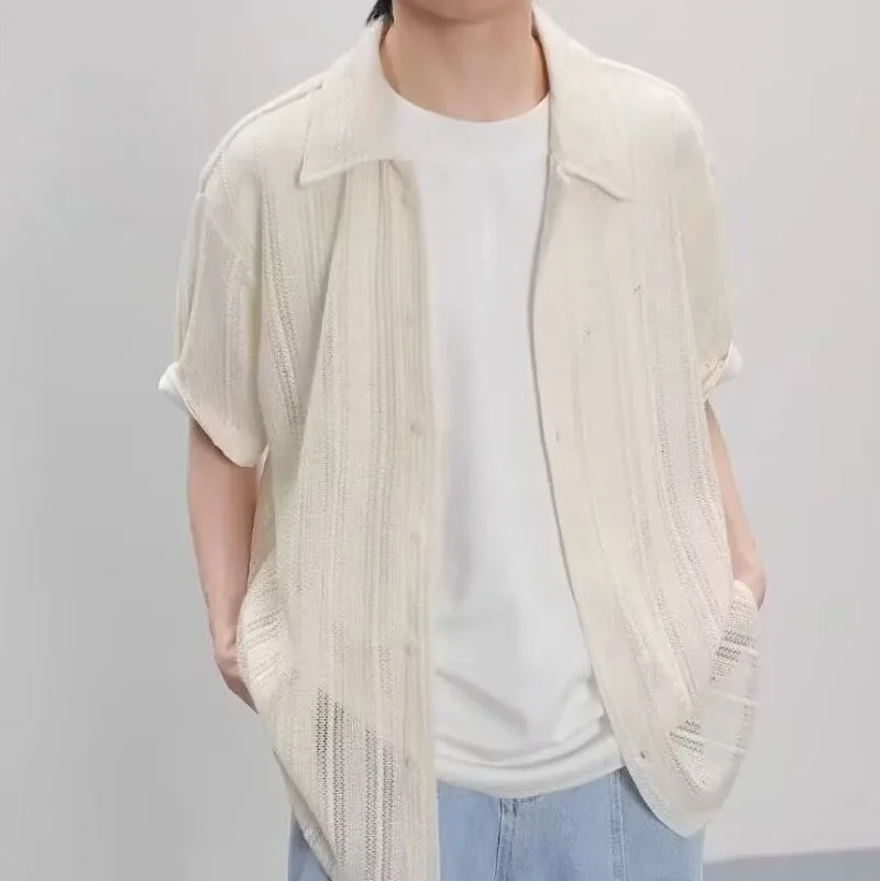 Herren-Strickhemd mit Aushöhlungen und Streifen, Kurzarm, Umlegekragen, Knopfleiste, Lässige Bluse, Atmungsaktives Durchsichtiges Sommer-Oberteil – Detail 4