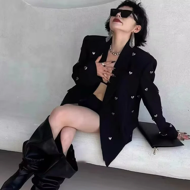 سترة نسائية موضة صناعة ثقيلة لعام 2025 سترة نسائية لربيع وخريف بدلة مكتب كورية غير رسمية معطف بمزاج للنساء قطع علوية سوداء
