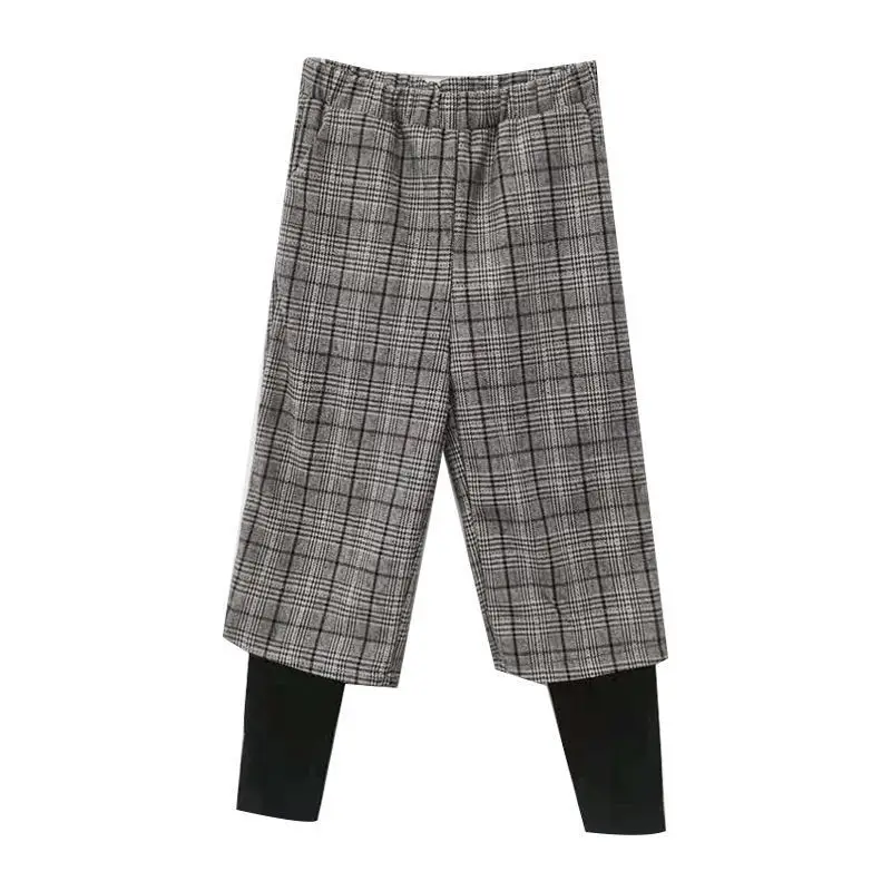 New Spring Women's Casual Wide-leg Long Trousers Fashionable Woolen Plus Velvet Plaid Fake Two-piece Trousers