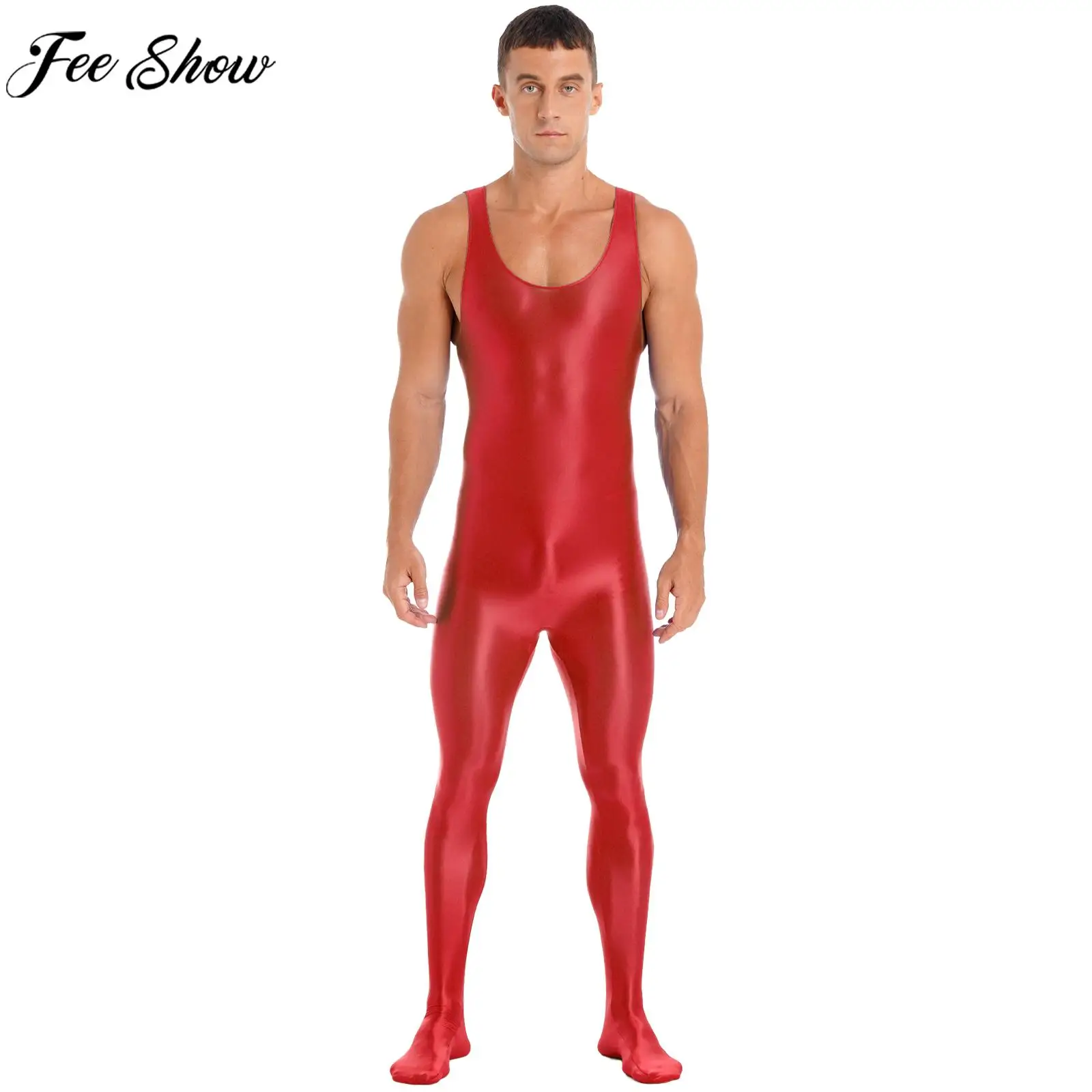 Men Glossy Bodystocking One-piece Nightwear Sleeveless Solid Bodysuit Bottoming Jumpsuit Fitness Workout Sportswear Swimwear