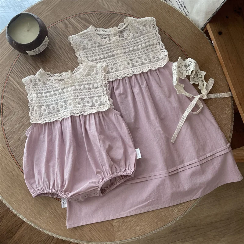 Korean Style Baby Girls Lace Bodysuit 6,12,18,24Months Toddlers Summer Romper Soft Breathable Infant Sleeveless Overalls