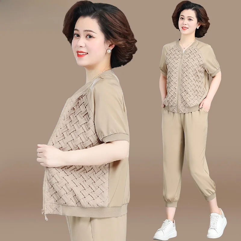 

Faionable Summer Outfit Set for Women ort Sve T-irt Sportswear for Middle-Aged Ladies 40-49 Years Old Pure Color rou...