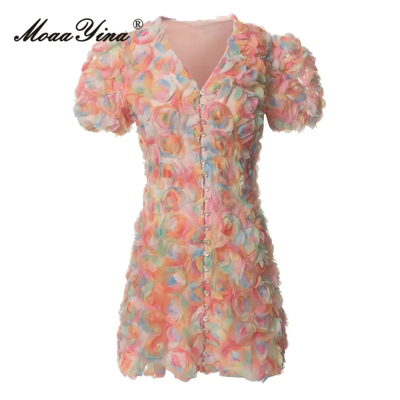 

MoaaYina Summer Fashion Runway dress Women Dress V-Neck Short Sleeve Vintage Geometric Printing Net Yarn Appliques Dresses