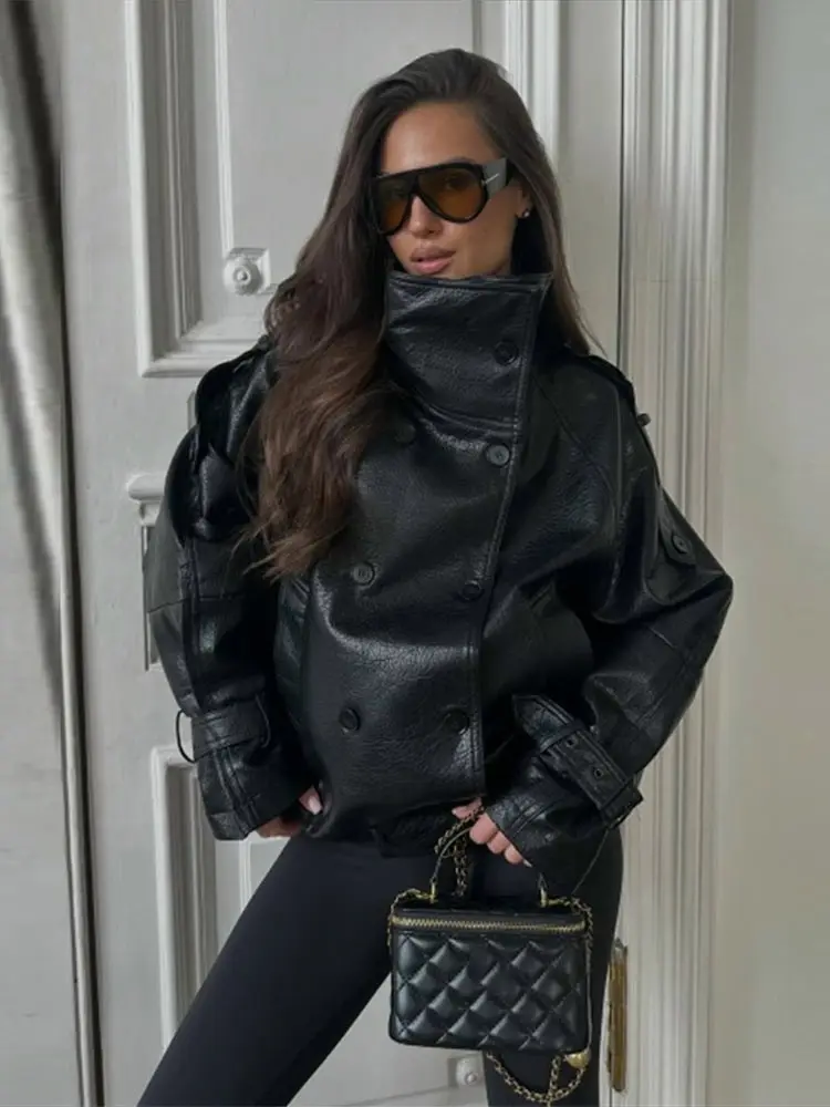Casual Pu Leather Women's Jacket 2026 Autumn Long Sleeve Stand Collar Double-Breasted Pocket Coats Chic Female Street Coat
