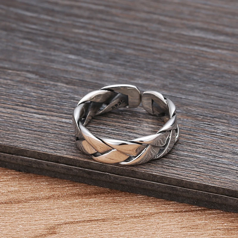 S925 sterling silver hollow ring female ins trendy thai silver retro twist hemp rope braided couple simple open ring