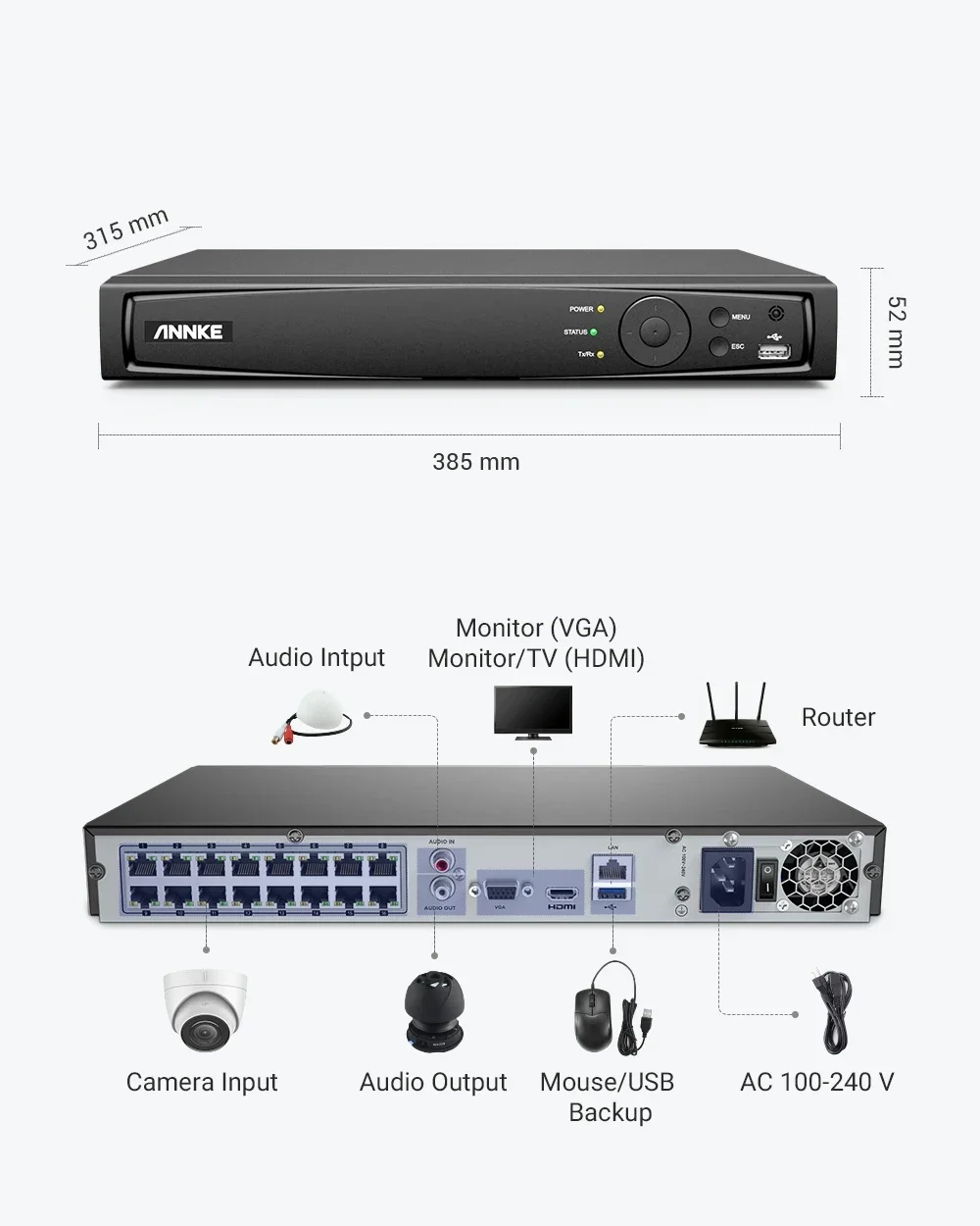 ANNKE 16 canales (NVR) con detección de movimiento 2 puertos SATA H.265 (PoE) 4K Ultra HD y funcionalidad de grabación de reproducción inteligente.