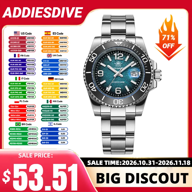 ADDIESDIVE 41mm Men's Diving Watch 316L Stainless Steel Quartz Watch Calendar BGW9 Luminous 200m Waterproof Men's Watch Gift