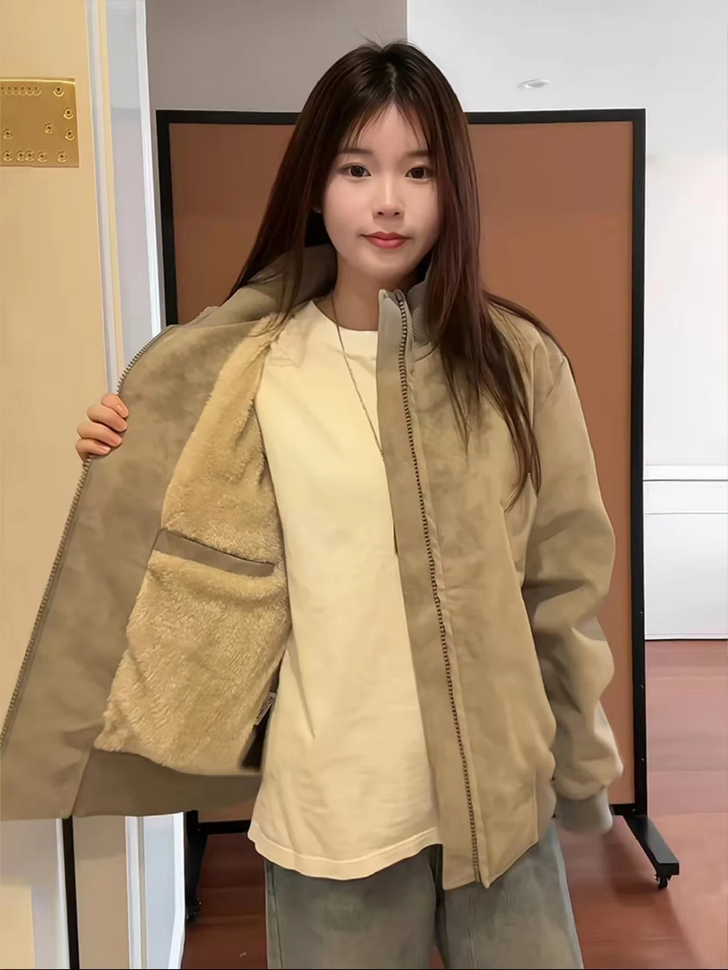 

Американская зимняя куртка-бомбер из хлопка с эффектом окрашивания, теплая, с воротником-стойкой, из искусственной кожи, в бейсбольном стиле