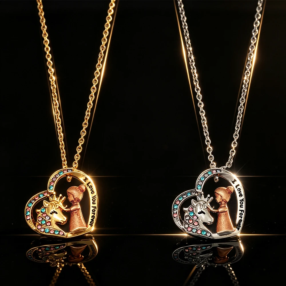 Love Unicorn Girl Pendant Necklace Engraved I Love You Forever Colorful Diamond Heart-Shaped Clavicle Chain Romantic Gift