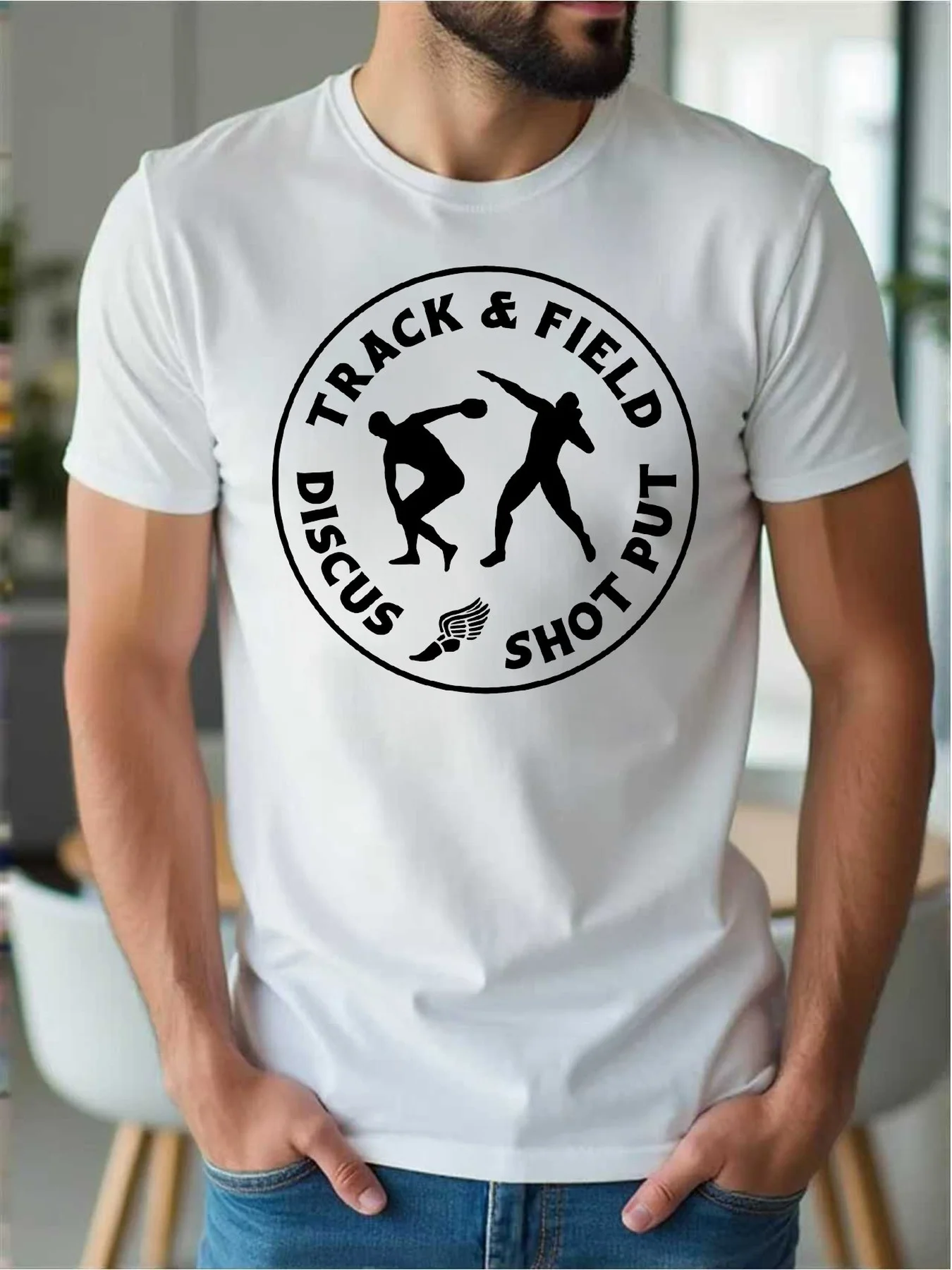 Track and Field Style Men's T-Shirt with Discus and Shot Put Design, Suitable for Sports Enthusiasts, for Spring and Summer Wear, a Gift for Athletes and Fitness Enthusiasts