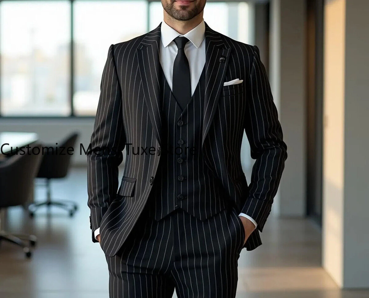 

Stripe Men Suits Slim Fit Peak Lapel Formal Business Workwear Casual Outfits