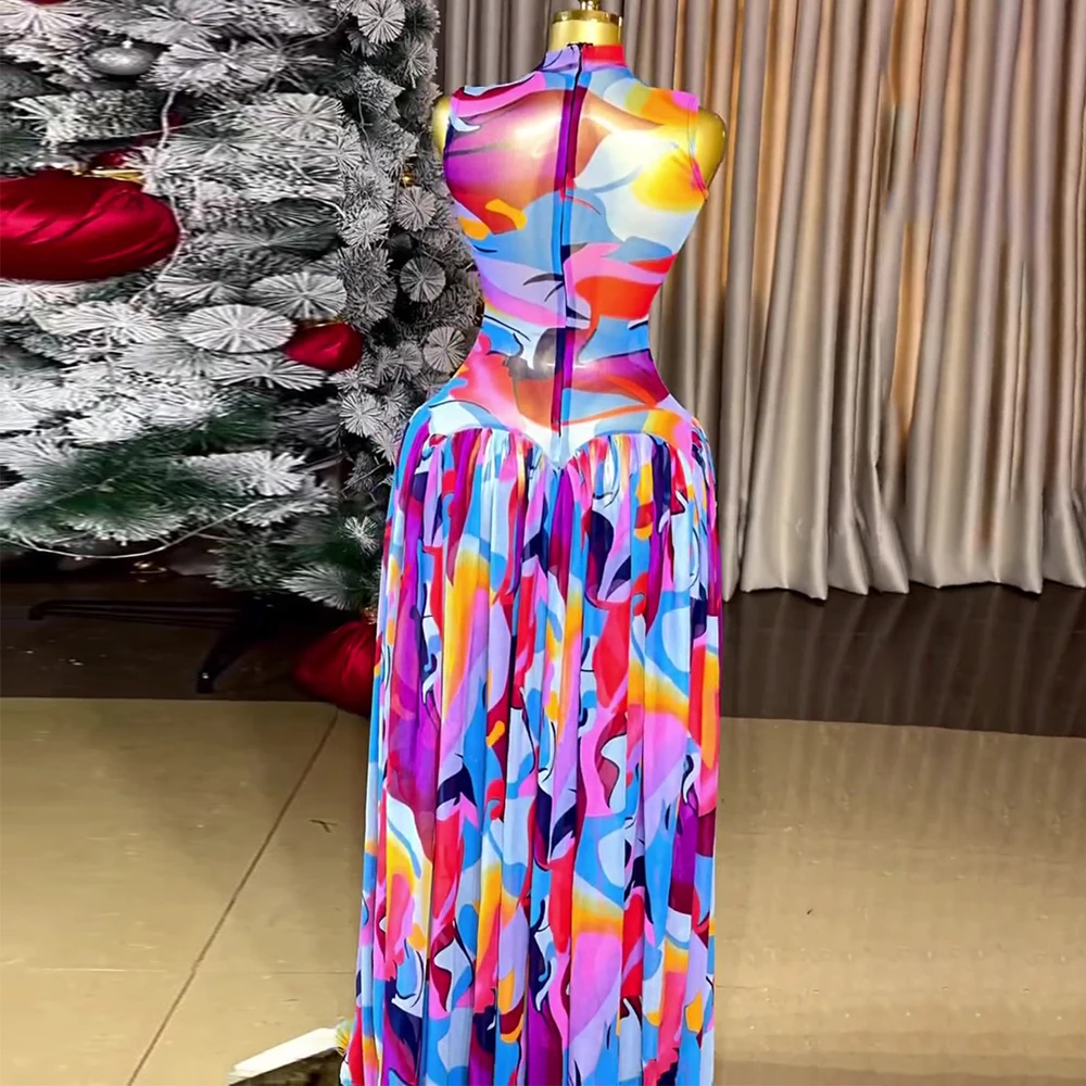 Damen 2026 Frühjahr Mode Batik-Druck Illusion Plissiertes Maxikleid Ärmellos Tailliert Elegante Partykleider – Detail 3