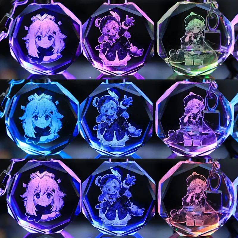 Game Impact Cosplay Kaedehara Kazuha Hutao Eula Colorful Luminous Crystal Keychain for Women Accessories Pendant KeyRing Gift