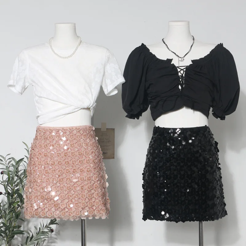 Romantic Pink Petal Bling Sequined Short Skirt Women's Summer New A-word Hip Skirt