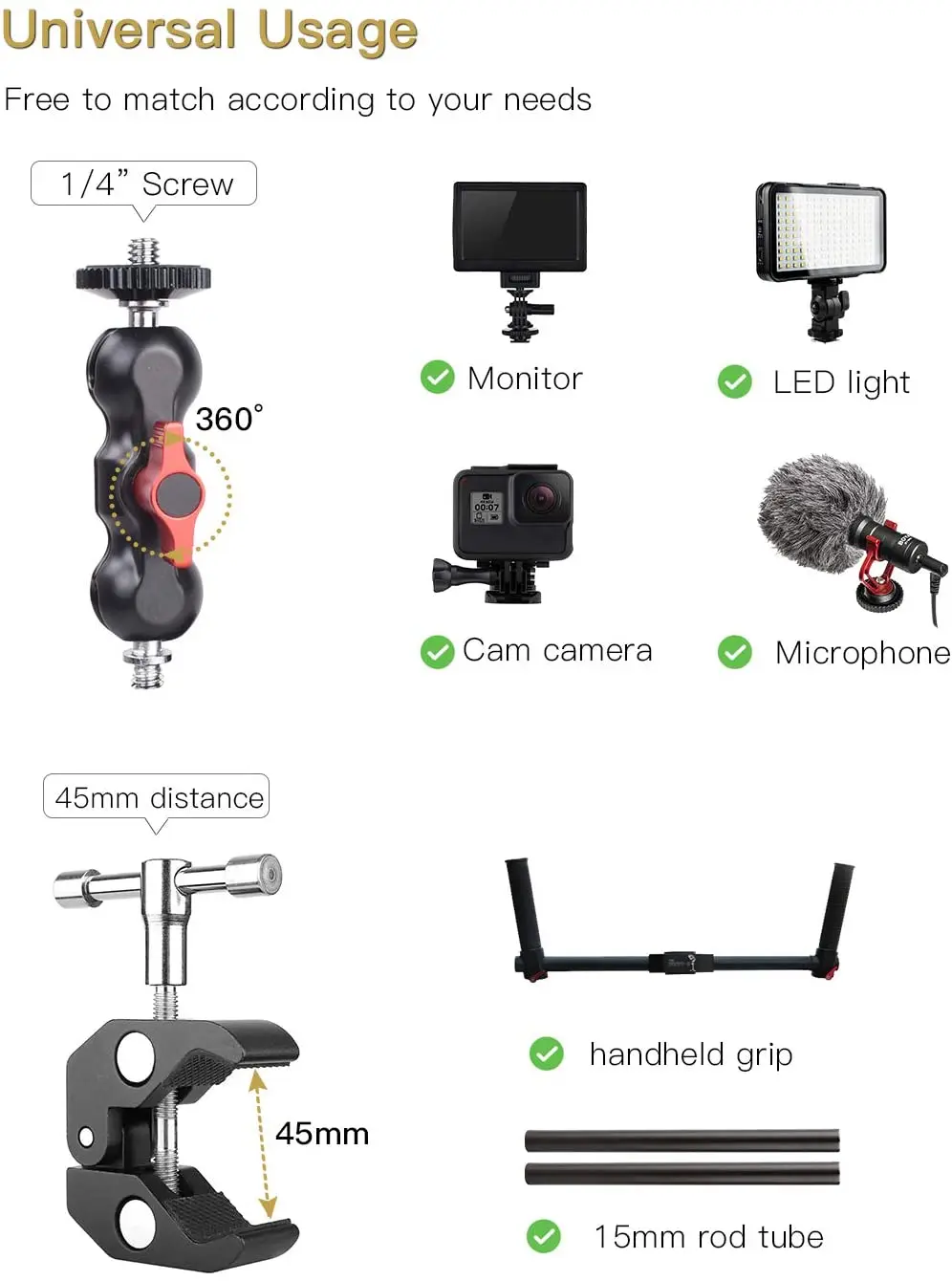 DSLR 카메라/필드 모니터/LED 용 360 ° 볼 헤드 암이있는 새로운 디자인 카메라 마운트 클램프