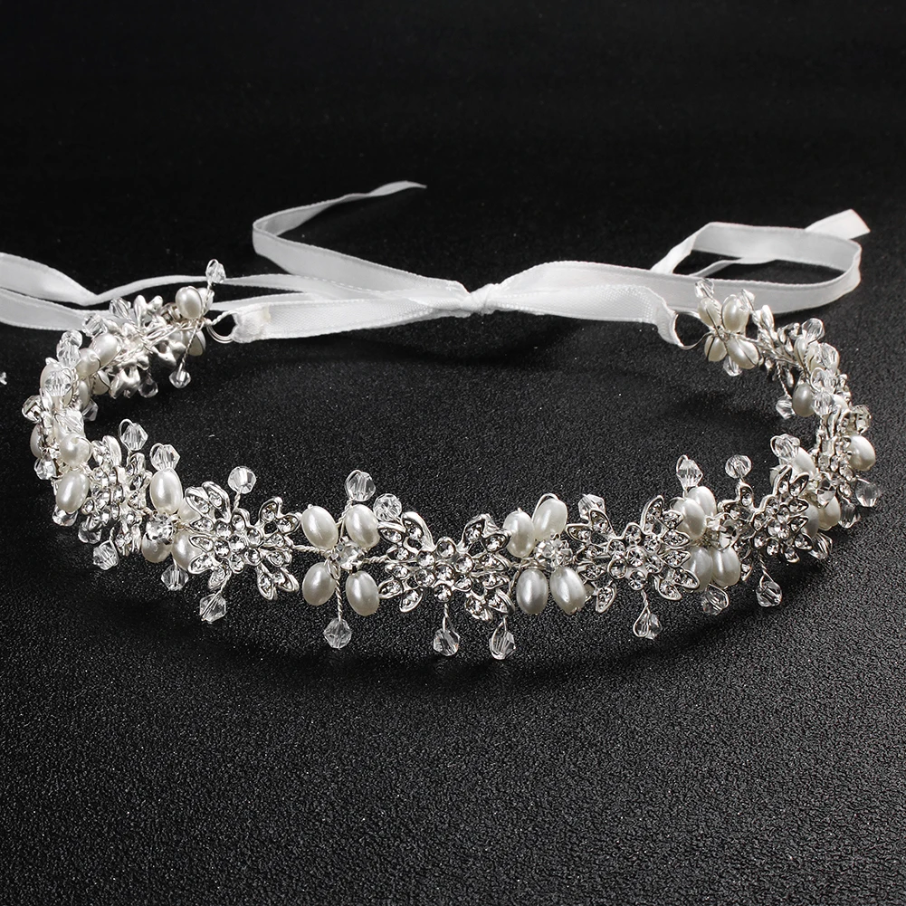 Miallo Elegant Clear Crystal Pearl Bridal Headband Floral Wedding Hair Vine for Women Bride Hairpiece Crown for Wedding Party