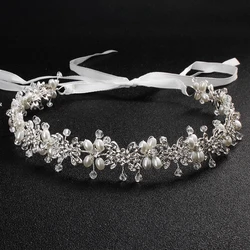 Miallo Elegant Clear Crystal Pearl Bridal Headband Floral Wedding Hair Vine for Women Bride Hairpiece Crown for Wedding Party
