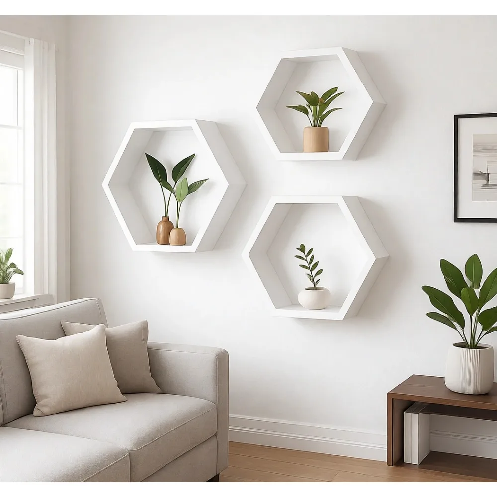 

Набор из трех белых деревянных шестигранных настенных полок для декора и хранения в стиле фермерского дома, для гостиной и кухни