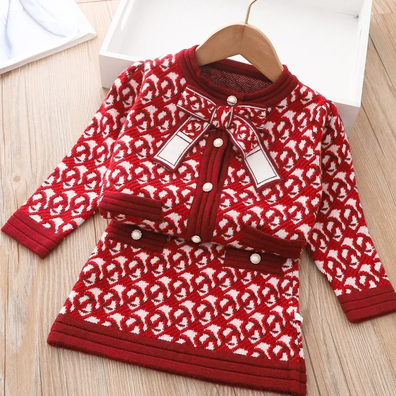 Mädchen Luxus 2 Stück Strick-Sets Prinzessin klassische neue Kleidung Winter pullover Rock Geburtstags uniform für 1-8 Jahre Kinder